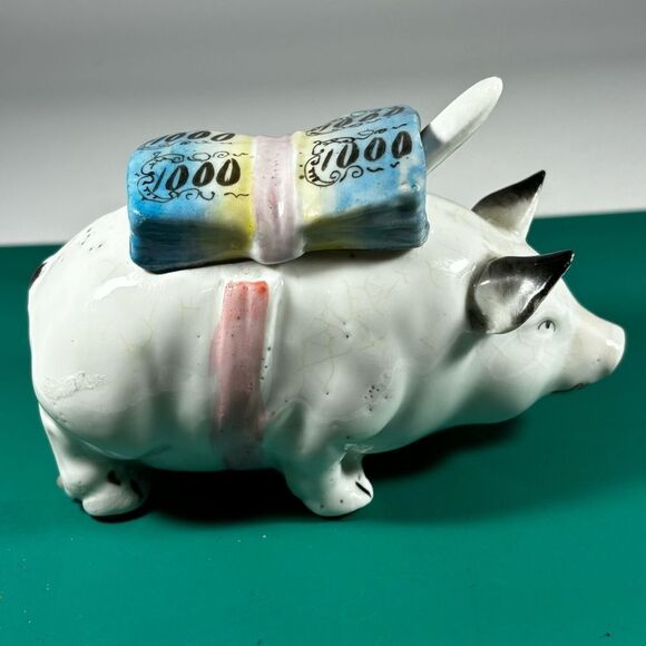 ANTIQUE PORCELAIN FIGURAL SADDLED PIG HOG CONDIMENT MUSTARD POT BANK BOX - Picture 3 of 8